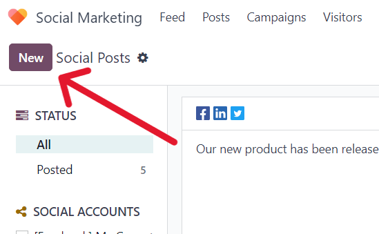 Új gomb a Social Posts oldalon az Odoo Social Marketing alkalmazásban.