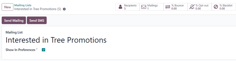 A levelezési lista űrlap nézete az Odoo Email Marketing alkalmazásban.