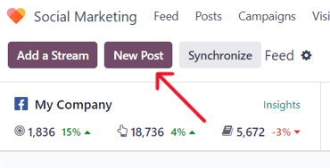 Új bejegyzés gomb az Odoo Social Marketing alkalmazás fő irányítópultján.