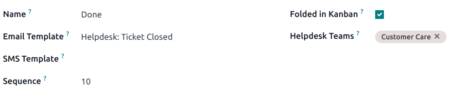 Egy szakasz beállítási oldalának nézete az Odoo Helpdeskben.