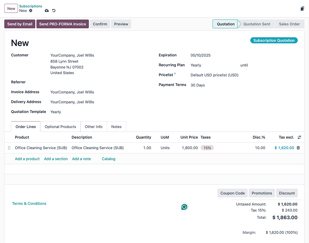Egy új előfizetési ajánlat kitöltött példája az Odoo-ban.