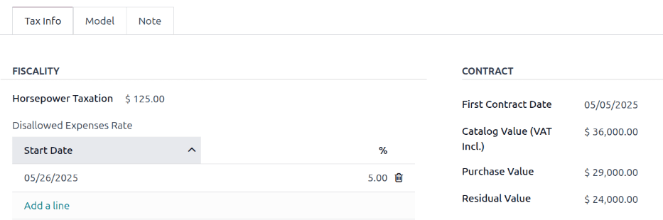 Az új jármű űrlap, amely a járműadó szekciót mutatja.