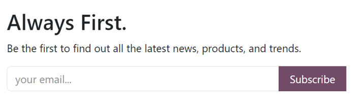 Minta arról, hogyan jelenik meg egy hírlevél blokk egy Odoo Weboldalon.