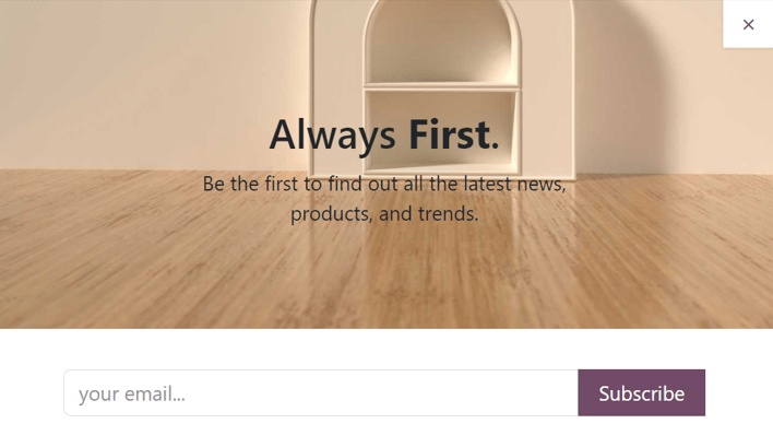 Minta arról, hogyan jelenik meg egy hírlevél felugró blokk egy Odoo weboldalon.