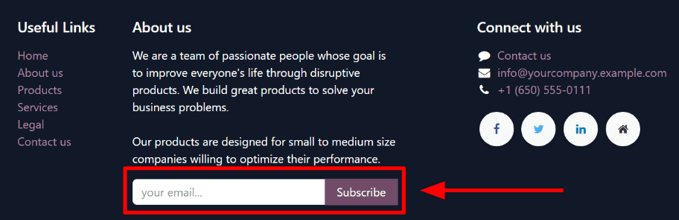 Minta arról, hogyan jelenik meg egy hírlevél blokk egy Odoo Weboldalon.
