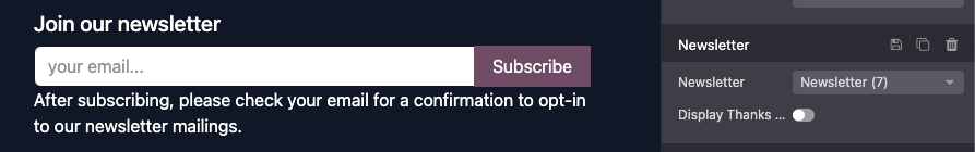 Hírlevél regisztrációs űrlap az Odoo weboldal láblécében.