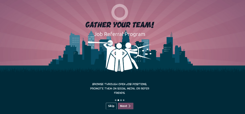 Egy bevezető dia, amelyen a kihagyás és a következő gombok láthatók az alján.