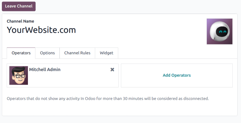 Az Odoo Live Chat élő chat csatorna űrlapjának nézete.