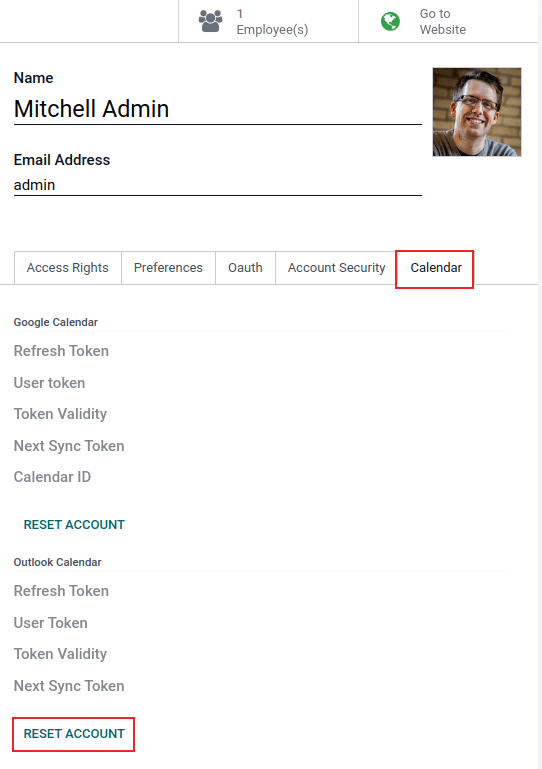 Visszaállítási gombok kiemelve a felhasználó naptár fülén.