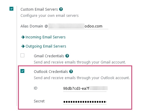 Outlook hitelesítő adatok az Odoo általános beállításokban.