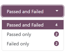 A 'Passed and Failed' legördülő menü az Odoo Surveys alkalmazás 'See results' oldalán.