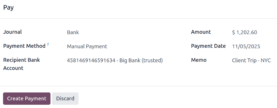 A Fizetés regisztrálása felugró ablak kitöltve egyéni költségjelentés visszatérítéséhez.