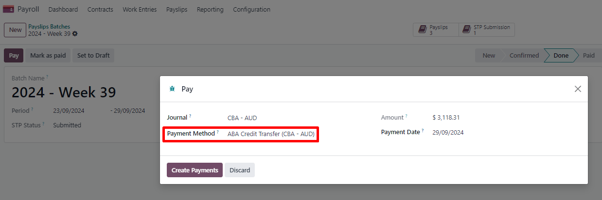 A fizetési mód kiválasztása egy bérjegyzék köteghez.