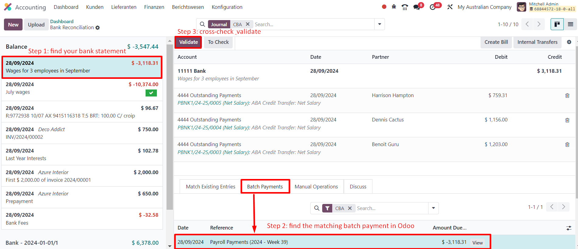 Lépések egy bankszámlakivonat kötegelt kifizetéssel való egyeztetéséhez.