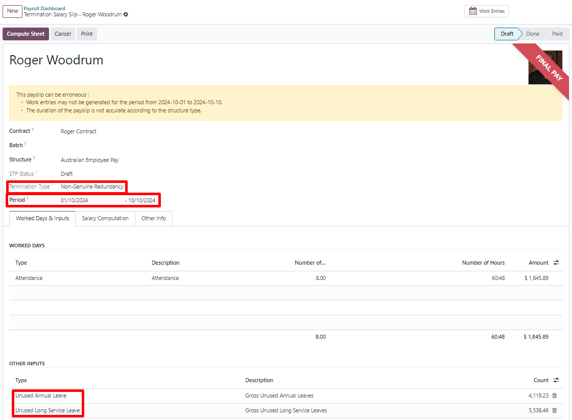 Egy felmondott munkavállaló cikluson kívüli bérjegyzékének példája.