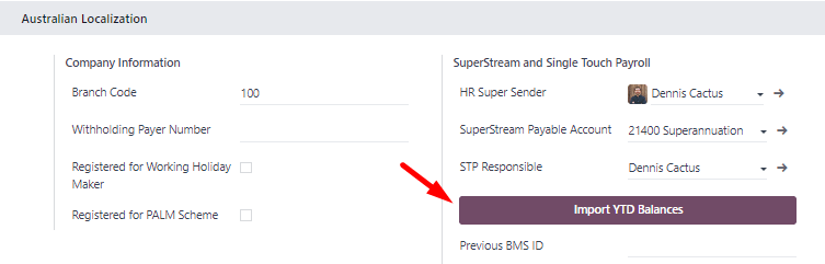 YTD egyenlegek importálása gomb.