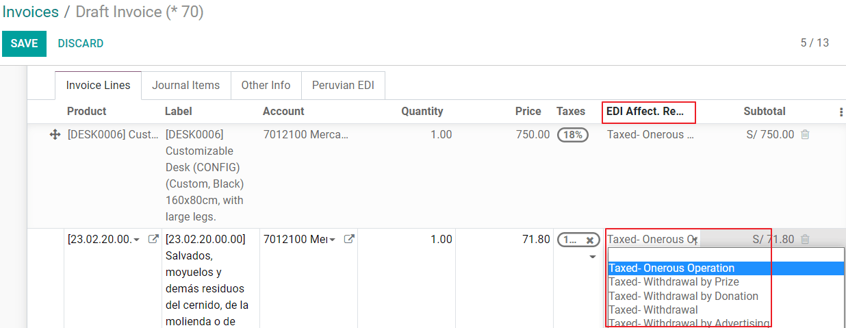 Adó hatás indoka a számla sorban.
