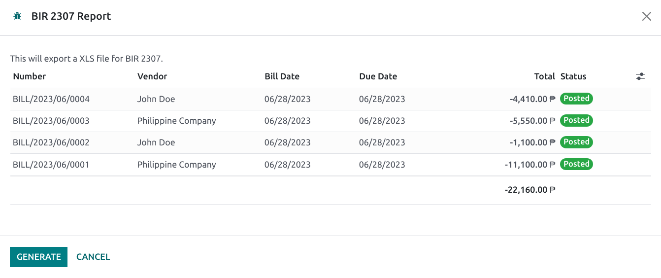 Felugró menü a BIR 2307 XLS fájl generálásához.