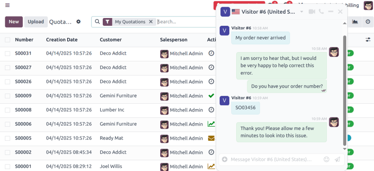 Egy élő chat felugró ablak egy Odoo adatbázisban.