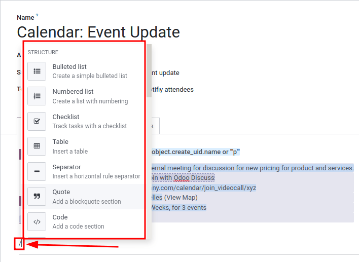 Powerbox funkció az e-mail sablonban.