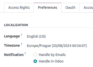 Az Odoo Discuss Beállítások fülének nézete.
