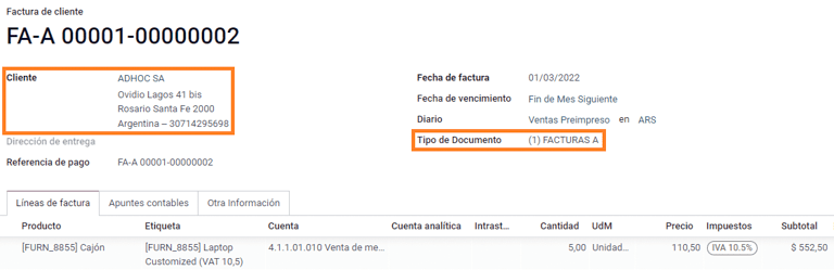 Számla IVA Responsable Inscripto ügyfél számára, A előtaggal.
