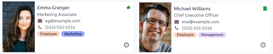 Két alkalmazotti Kanban kártya, amelyek a munkavégzési helyüket és státuszukat mutatják.