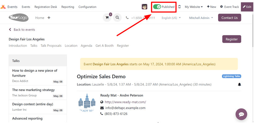 Az esemény weboldalon az Odoo Events segítségével épített esemény szekcióhoz kapcsolódó almenü opciók.