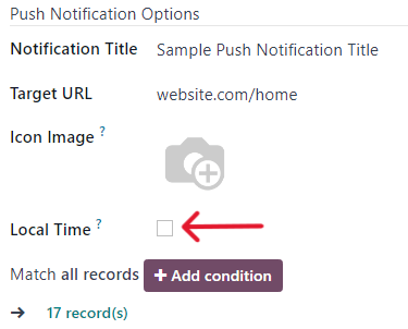 A Helyi idő opció a Push értesítési opciók szakaszában található.