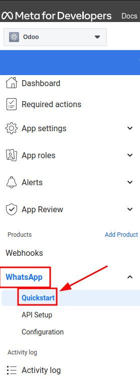 Navigálás a WhatsApp gyorsindító varázslóhoz a Meta for Developer irányítópulton.