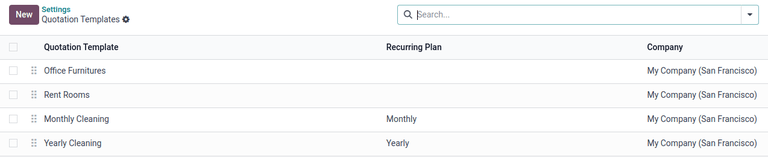 Árajánlat sablonok oldala az Odoo Értékesítés alkalmazásban.