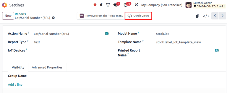 Mutassa a Qweb okos gombot a Tétel és Sorozatszám (ZPL) jelentésen.