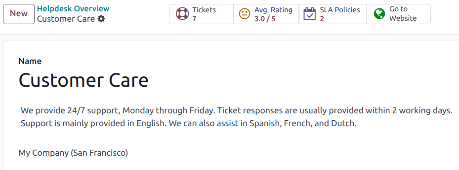 Egy ügyfélszolgálati csapat beállítási oldalának nézete, kiemelve a Weboldalra lépés gombot az Odoo Helpdeskben.Egy helpdesk csapat beállítási oldalának nézete, kiemelve a Go to Website gombot az Odoo Helpdesk-ben.