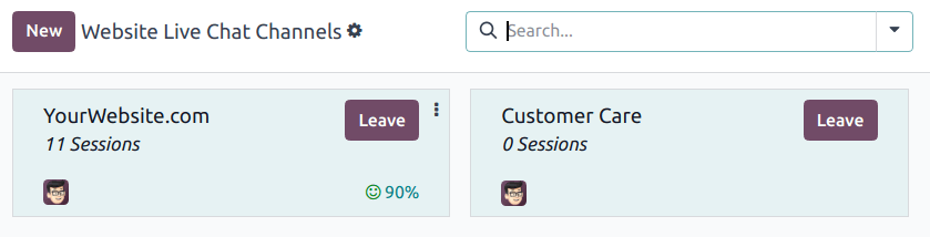 A rendelkezésre álló Live Chat csatornák Kanban kártyáinak nézete.