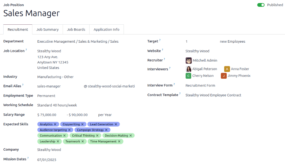Az állás információk részletei a Toborzás fülön.