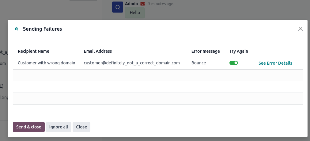 Egy rossz domainre küldött e-mail visszapattanást generál, amely piros borítékként jelenik meg.