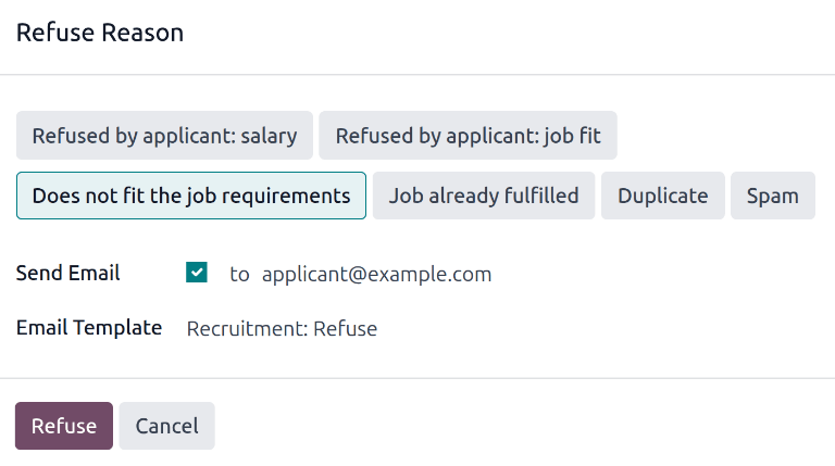 Az elutasítási ok felugró ablak, amely akkor jelenik meg, amikor egy pályázót elutasítanak.
