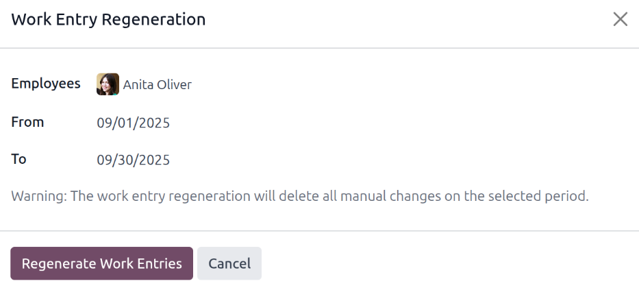 Regeneráljon egy munkabejegyzést egy adott alkalmazott számára.