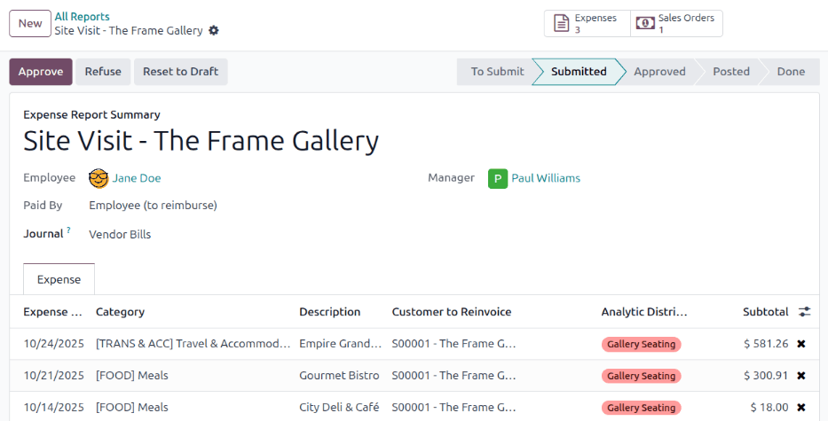Egy költségjelentés értékesítési rendelés okos gombbal az újraszámlázáshoz.