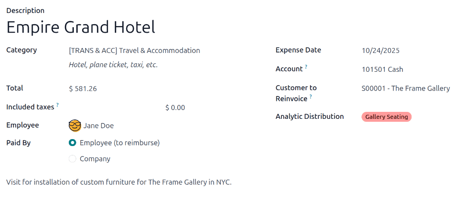 Egy költségbejegyzés, amely egy projektet számláz újra az ügyfélnek, a galéria ülőhely projekt kapcsán.