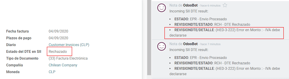 Üzenet, amikor egy számlát elutasítanak.