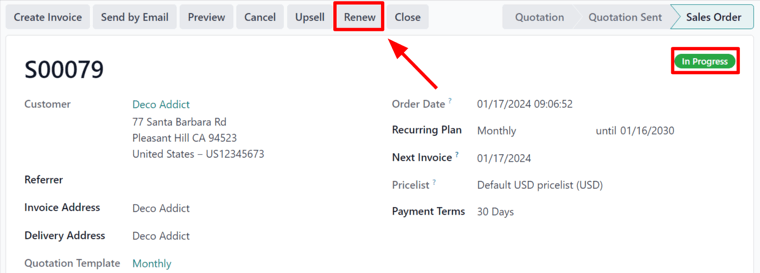 Megújítás gomb az előfizetési értékesítési rendelésen az Odoo Előfizetésekkel.