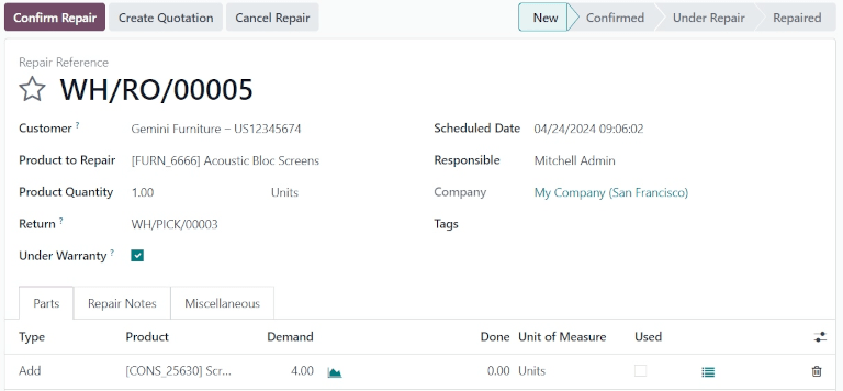 A javítási megrendelőlap jobb oldala.