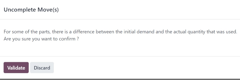 Befejezetlen Mozgások felugró ablak a fel nem használt alkatrészekhez.