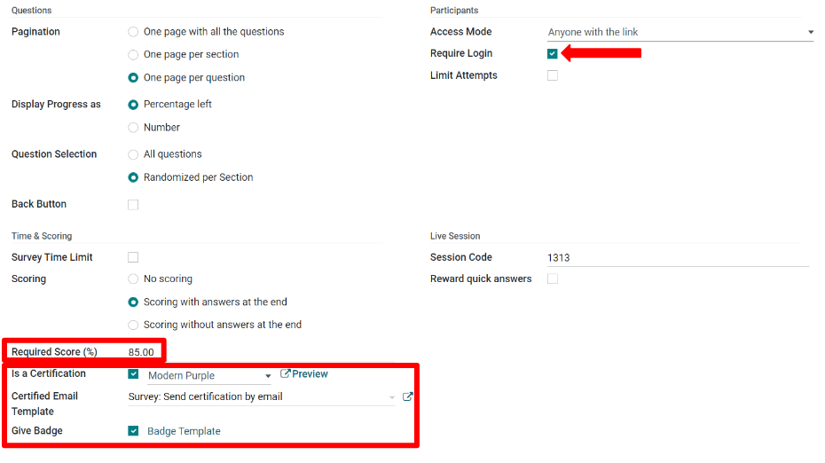 A szükséges pontszám (százalék), a bejelentkezés szükségessége és a minősítési sablon beállítása.