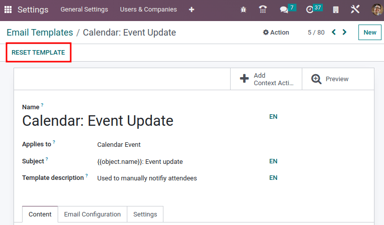 Az e-mail sablon visszaállítása.