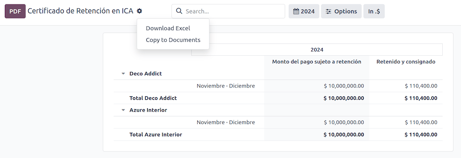 ICA visszatartási igazolás jelentés az Odoo Accounting-ban.
