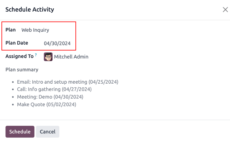A tevékenység ütemezése felugró ablak egy kiválasztott tevékenységi tervvel.