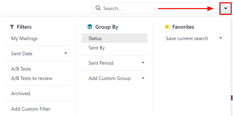 A keresési opciók legördülő mega menüje az Odoo Email Marketing alkalmazásban.