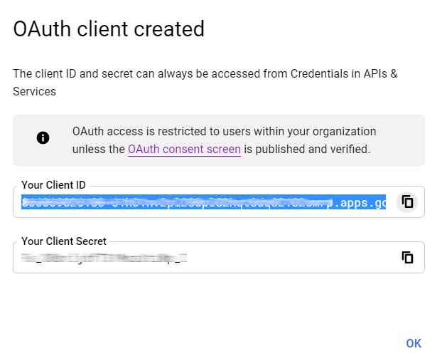 Google OAuth kliensazonosító létrehozva.